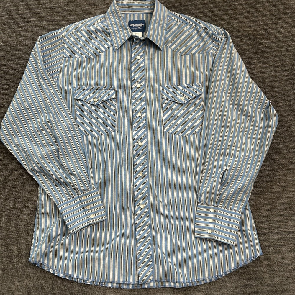 Vintage Wrangler Pearl Snap Shirt Large Blue White Striped Western Cowboy Rodeo
